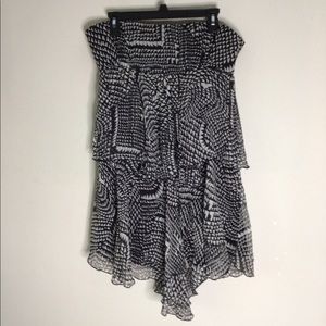 BCBGMaxAzria Black Comb 100% Silk Strapless Dress L Tiered Asymmetrical Lined